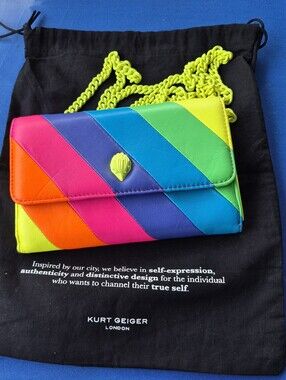 KURT GEIGER  🌈 RAINBOW STRIPE "MINI K WALLET PURSE ON A CHAIN" 🌈  NEON LEATHER